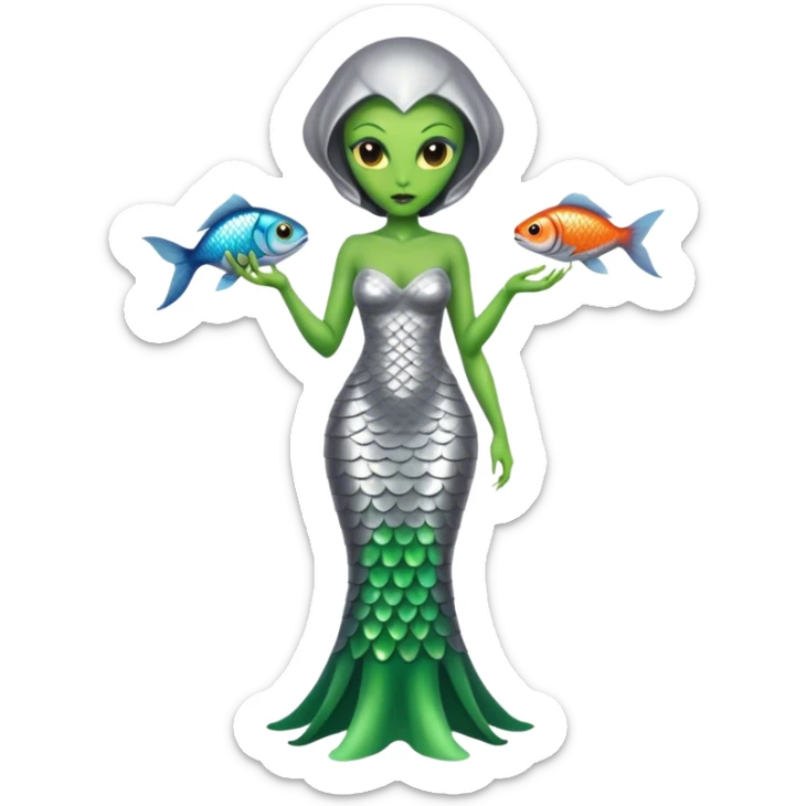 Green Alien woman with fish scales in silver dress, full figure, yellow eyes sticker
