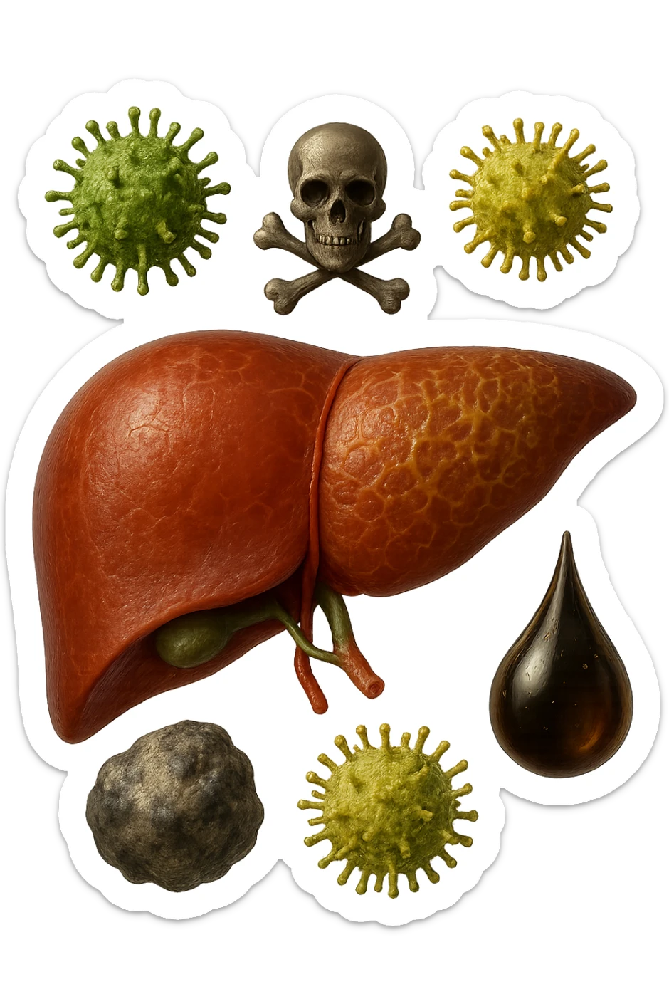 fegato umano anatomico con tossine che gli fluttuano intorno, iperrealistico 4k sticker