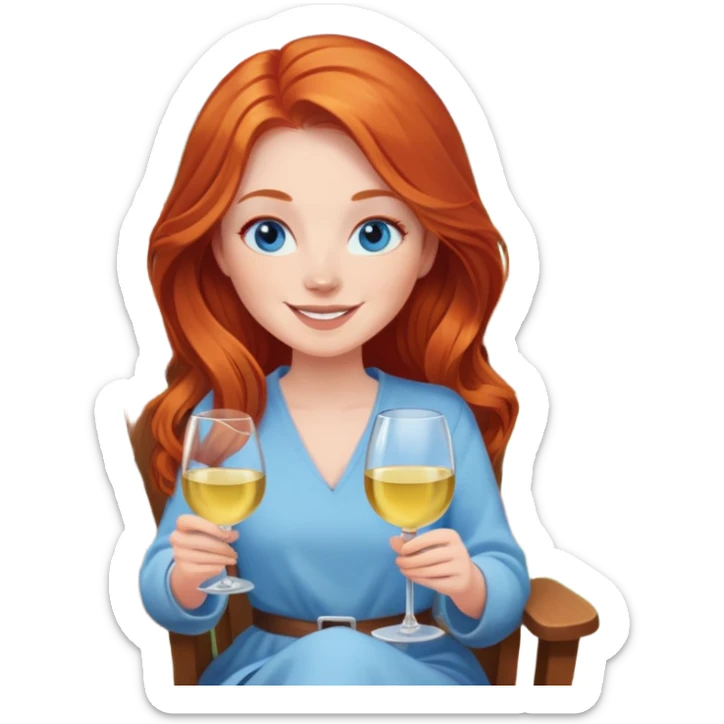 Happy redhead with long hair and blue eyes holding white wine sitting in chair fire pit sticker
