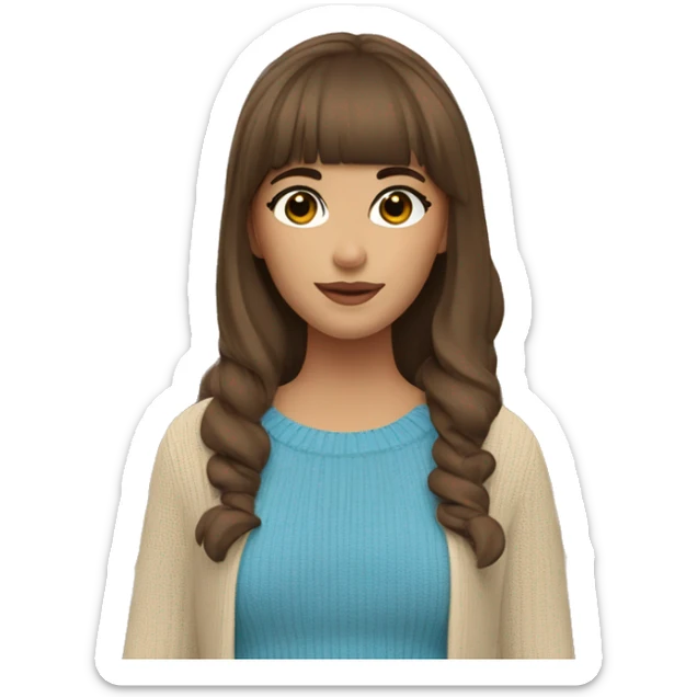 A girl with brown hair, with bangs to the right and left, in a beige sweater in the Atomy cosmetics store with blue booves sticker