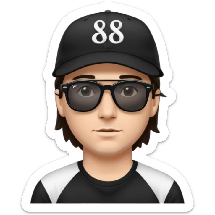 “Emoji of a white man with dark brown hair under a black baseball cap, wearing a black t‑shirt and 1980s‑style black Ray‑Ban rectangle sunglasses, with black musical notes floating around his head,  sticker