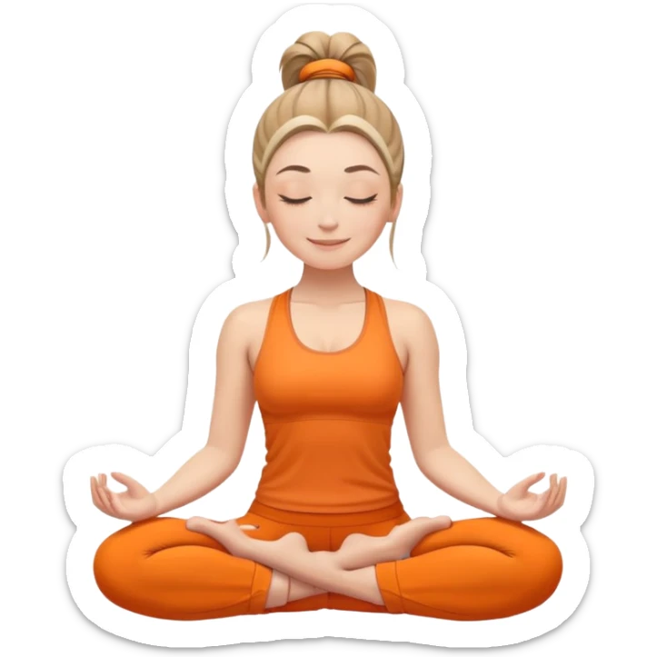 white woman with ponytail hairstyle, sitting in lotus position, eyes closed with a subtle happy smile, wearing orange yoga outfit sticker