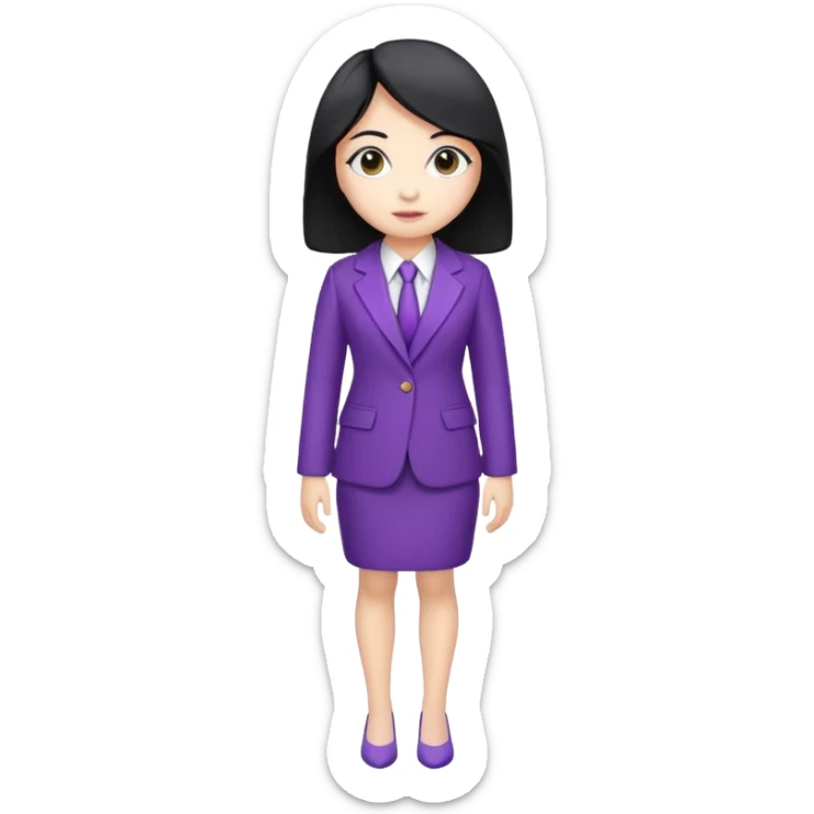 a full body mascot emoji of an Asian female with white skin, big eyes, middle-length black hair which is right at the shoulder, wearing purple business coat and formal suit. Cartoon style. Based on https://attic.sh/fo2aiwi8rc6a78g57vqif7y6z117 sticker