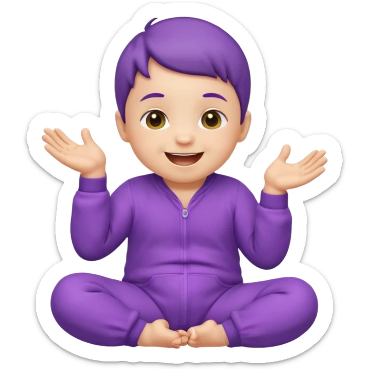 Apple-style emoji of a baby wearing a purple onesie, sitting and laughing joyfully, with hands down. sticker