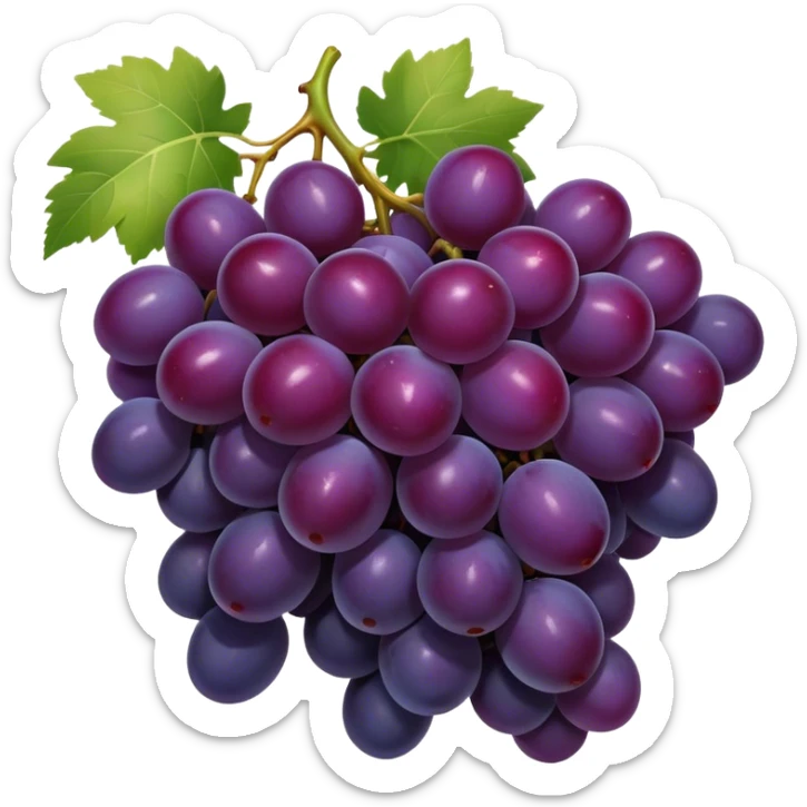 Cinematic Realistic Grapes Emoji, Clustered together in rich purple hues, with smooth, plump skins reflecting light in a glossy, delicate sheen. The stems curve slightly, holding the clusters together like a sweet, natural treasure. Soft glowing outline, capturing the essence of natural sweetness and richness in a bunch of ripe grapes! sticker