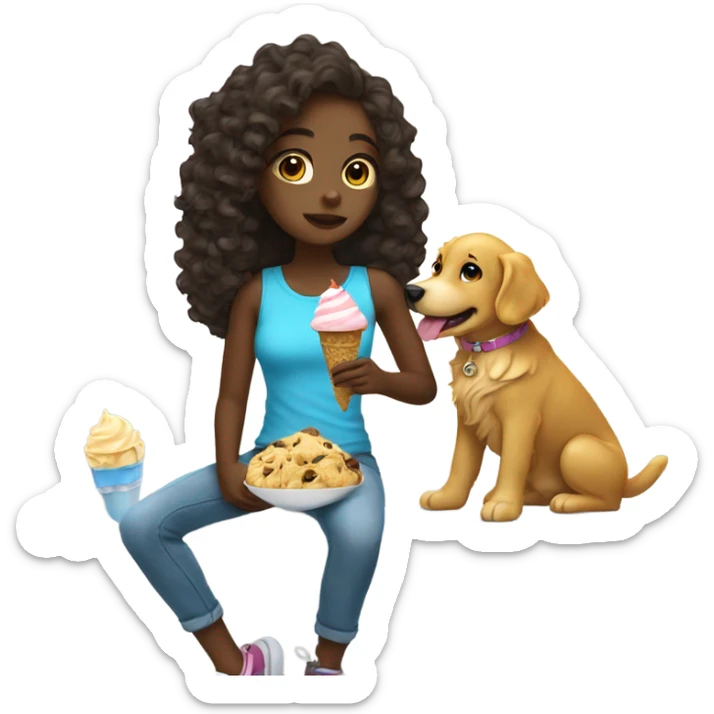 A girl with a golden retriever eating ice cream she has curly hair her skin is black sticker