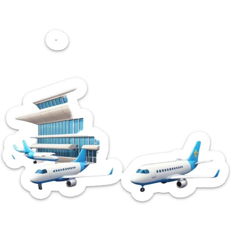 A 3D cartoon airport terminal building with glass windows and airplanes nearby, clean lighting, Memoji-style rendering. sticker