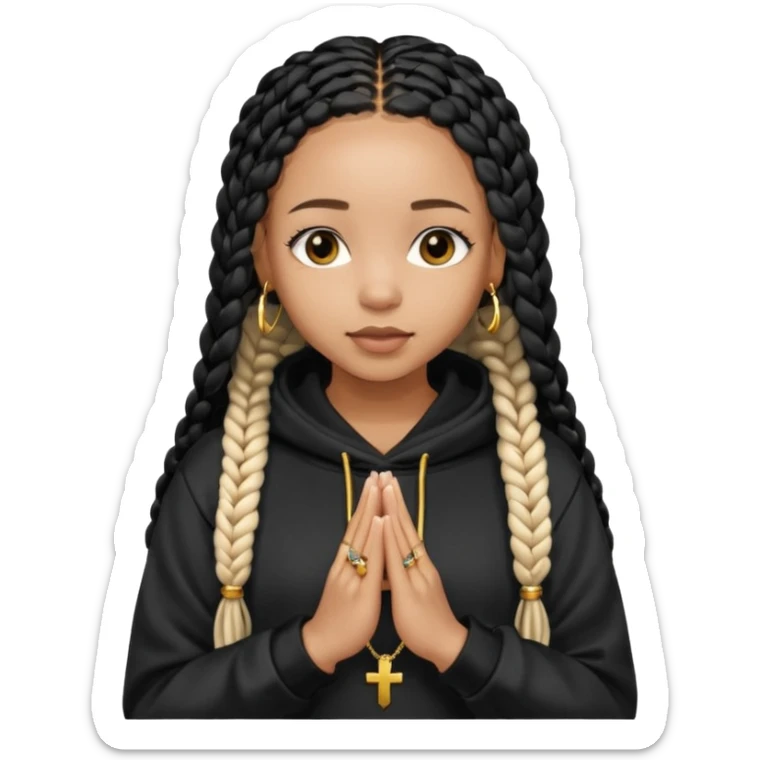 African American girl light skin with long black box braids and plain black hoodie with prayer hands sticker