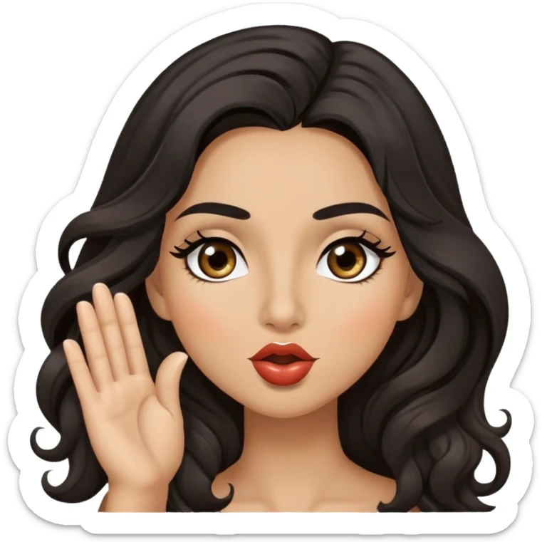 woman with olive skin, brown eyes and long lashes, and long black wavy hair blowing a kiss sticker