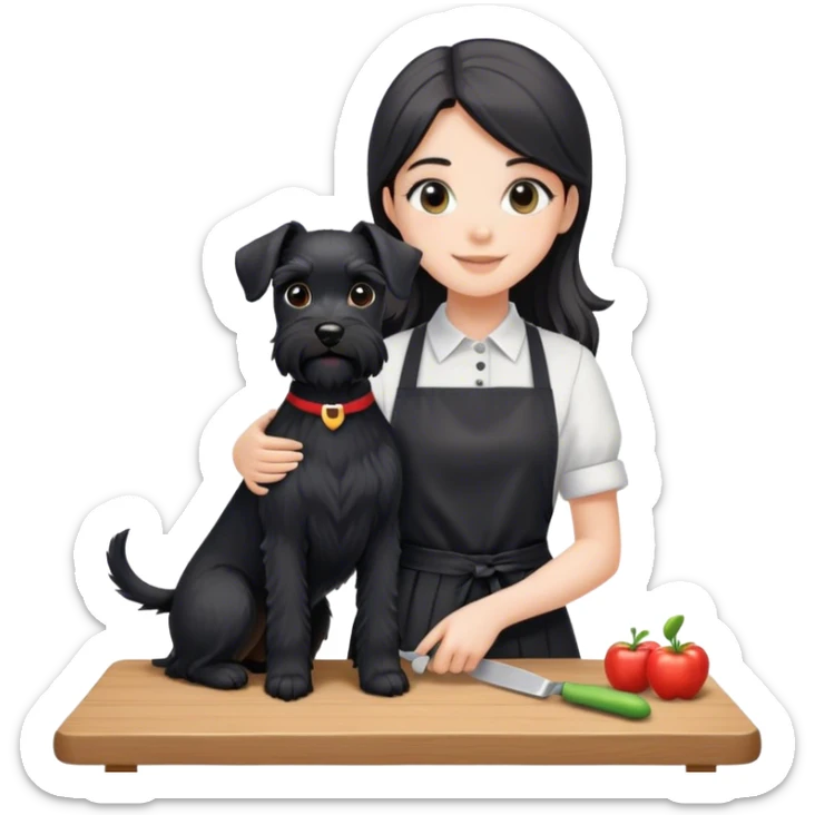 pale smiling girl with long back hair wearing black long shirt wearing apron holding black  schnauzer sticker