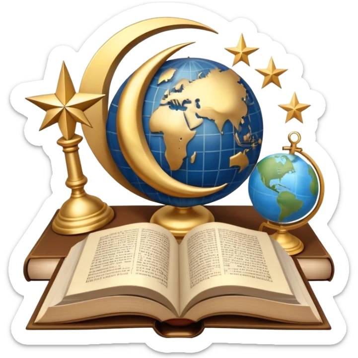 An icon featuring a sacred book, a cross, a crescent moon, and a star, symbolizing the study of religions. The design includes diverse religious symbols and a globe, representing global beliefs and spiritual practices. Transparent background highlights the exploration of faiths and traditions. sticker
