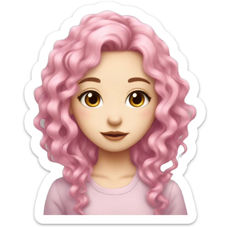 girl with pink hair, long curly hair, cat cars, pale skin, long lashes, eyeliner, asian, cute sticker