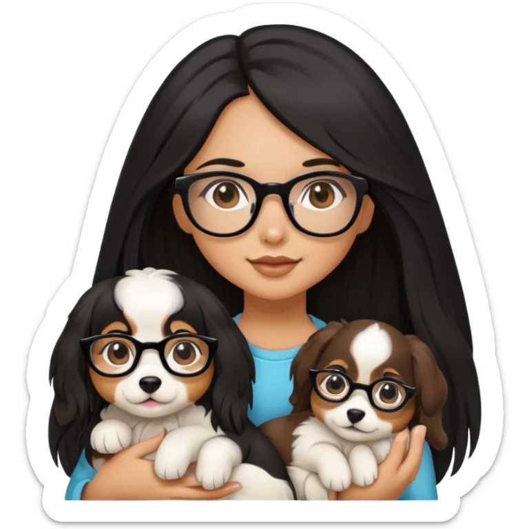 A beautiful girl with long black hair and glasses is holding a long-haired white and brown puppy sticker