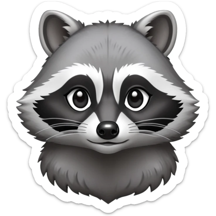 Cinematic-Noble-Raccoon-Portrait-Emoji – Poised and confident, with a sturdy build and a beautifully textured fur of silver-grey accented by dark black facial markings, deep-set, large big black eyes revealing no white, simplified yet sharp and sophisticated zoom out to show shoulders sticker