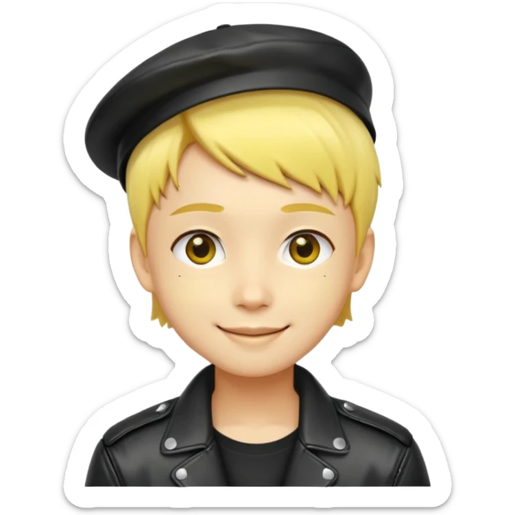 nam 20 tuổi, da vàng, tóc ngắn màu vàng, đội mũ màu đen, mặt cười tươi, khoác áo da màu đen bóng sticker