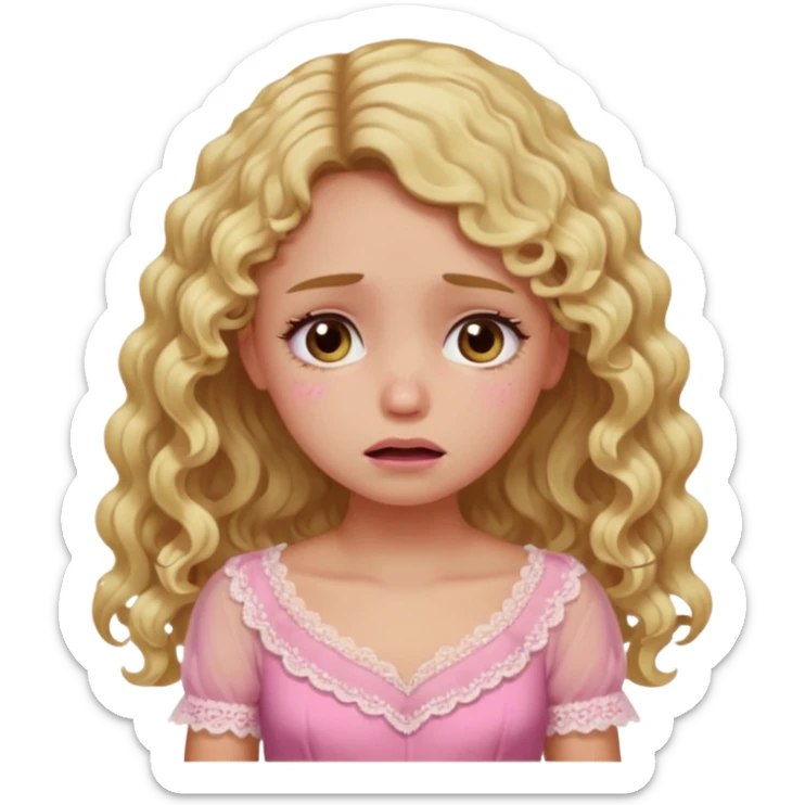 the girl is that criying with tears she has brown eyes and blond long hair curly pink dress  sticker