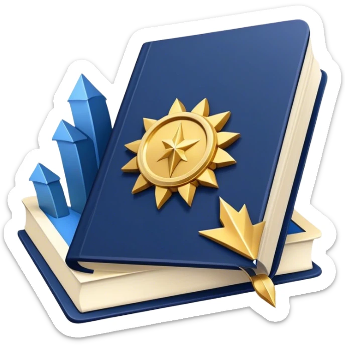 A navy blue productivity book with gold details, chart with upward trend aura, radiating productivity, strategy, and success in motion- sticker