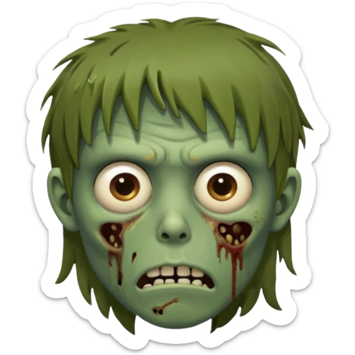 zombie slim youthful face, messy brown fringe, muted green skin tone, tired heavy-lidded eyes with visible under-eye darkness, a neutral slightly bored expression, and an overall low-energy, sleep-deprived, mentally fried vibe, sticker