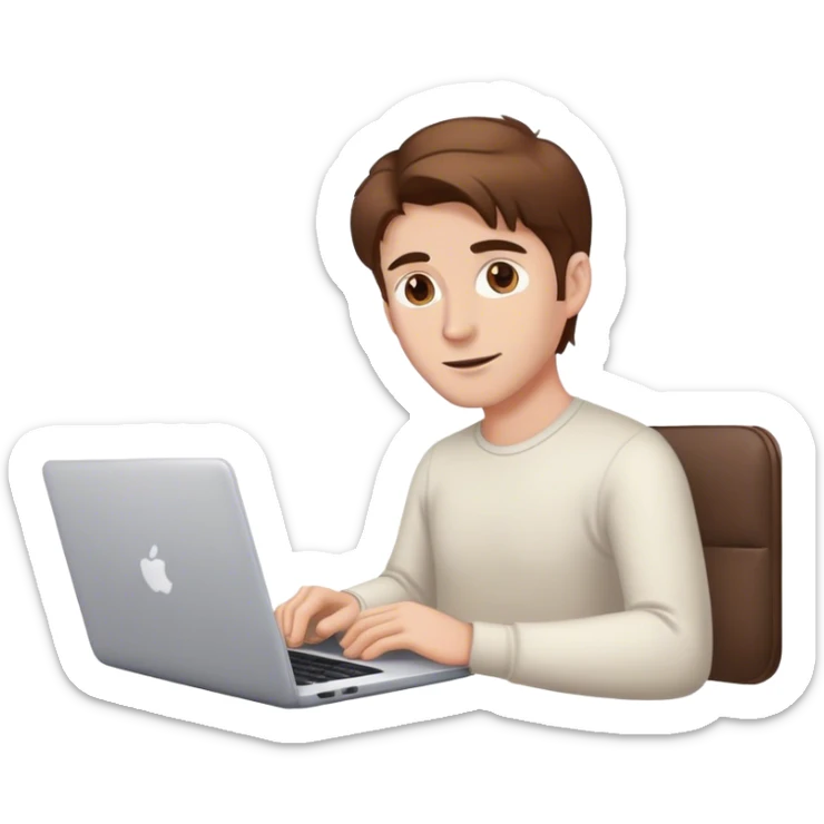 a white man with brown hair with a laptop and a cup of coffee sticker