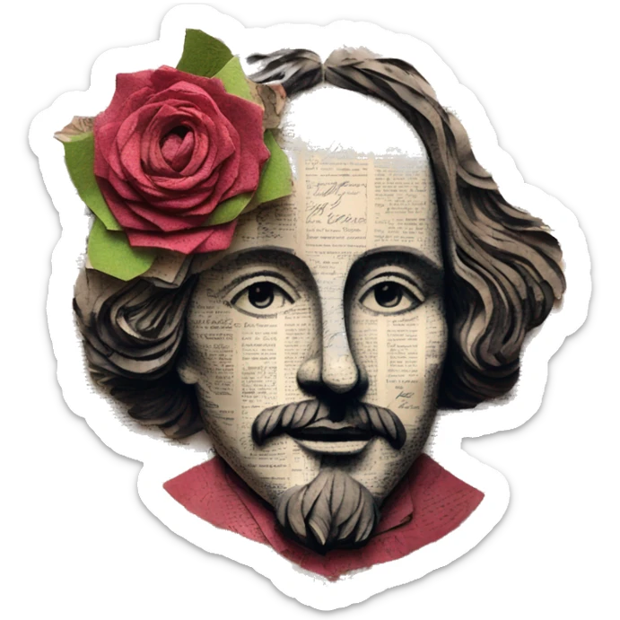 Shakespeare made of newspaper cuttings wearing flowers, stained glass, fairy lights, bokeh, annotated sketch, handwritten letters, collage of intricate patterns, roses flowers sticker