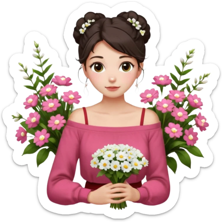 a girl  sitting  near various bouquets of flowers , white and pink flowers . She is holding a single white flower up to her face, Her hairstyle is slightly messy updo, with a few soft strands falling around her face, . She wears a red off-shoulder cardigan and a white long skirt. sticker