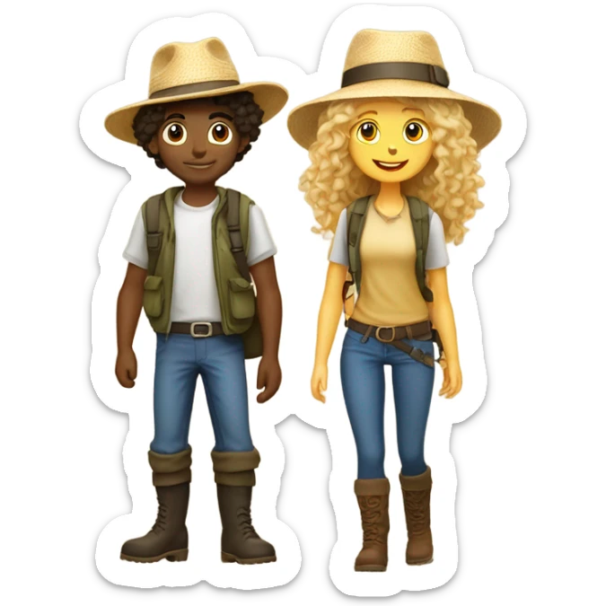 A short blonde long-haired girl in a hat and a curly-haired boy in a hat and boots hike in the Canary Islands sticker