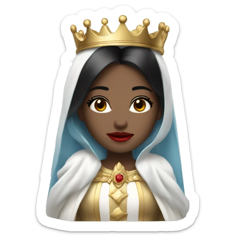 Queen with pale skin, icy blue eyes, bright red lips, long black hair, gold crown, and white robes. sticker