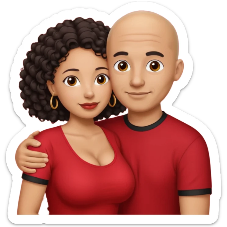 A picture of a tanned couple embracing. the guy is Mexican, with a bald hair cut and he is wearing a red shirt. the girl is mixed, the girl is wearing a black shirt, the girl has curly longer dark brown hair and with big boobs  sticker