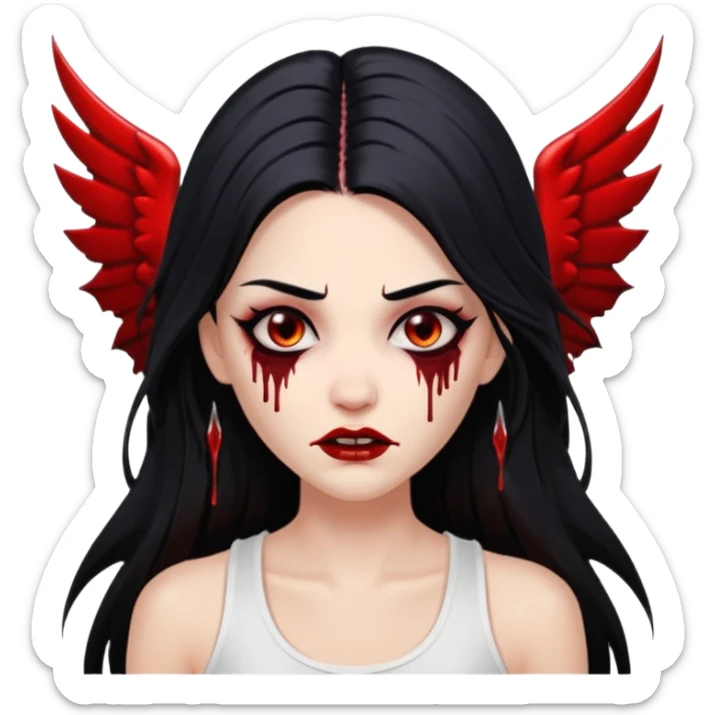 White woman with a white tank top long black hair glossy middle part long hair vamp look with fangs or blood dripping brown eyes eyeliner winged with lashes top and bottom sticker