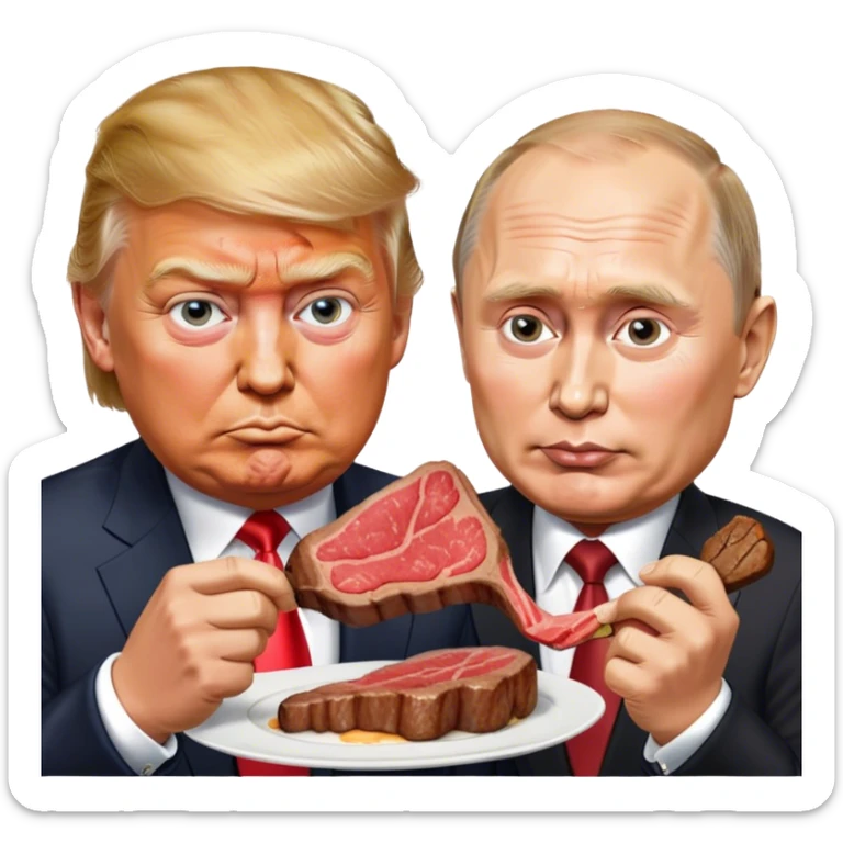 photorealistic Donald Trump and Putin eating a steak shaped like an piece of land sticker