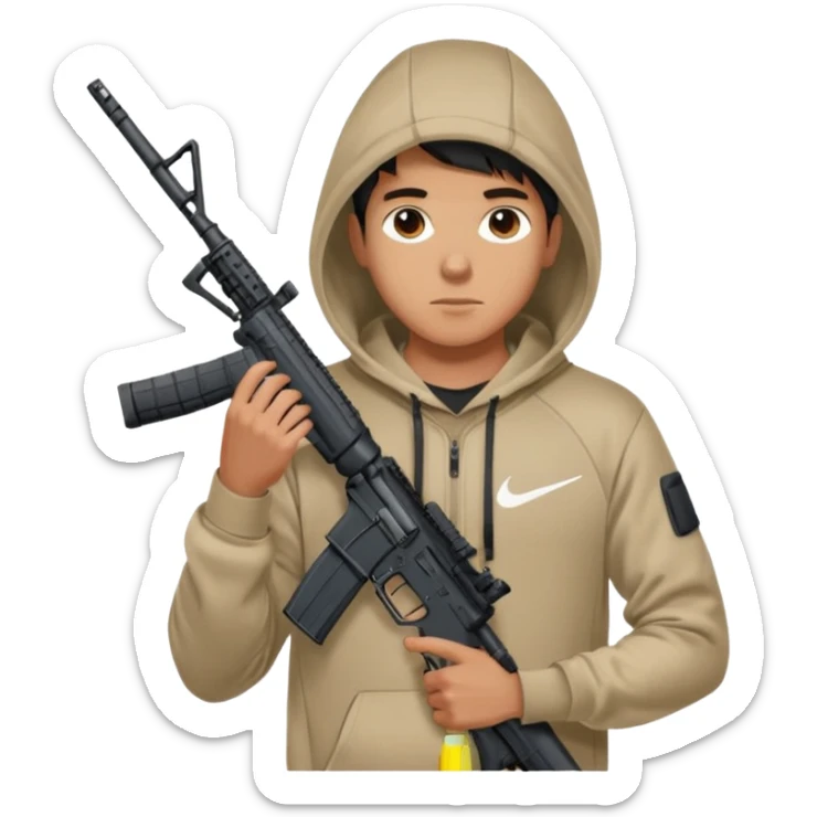 
Fais moi un jeune taliban qui ressemble qui tient une AR15 avec un hoodie a capuche, capuché, avec la cagoule nike therma fit hood sticker