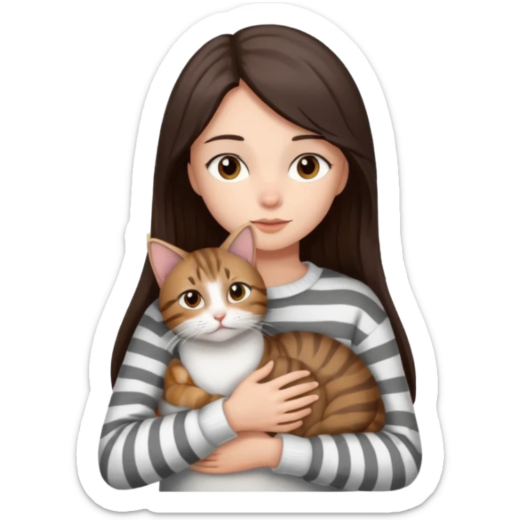 a girl with long dark brown hair, in a
white sweater and brown eyes, hugs a tabby
grey and white strips one cat. sticker