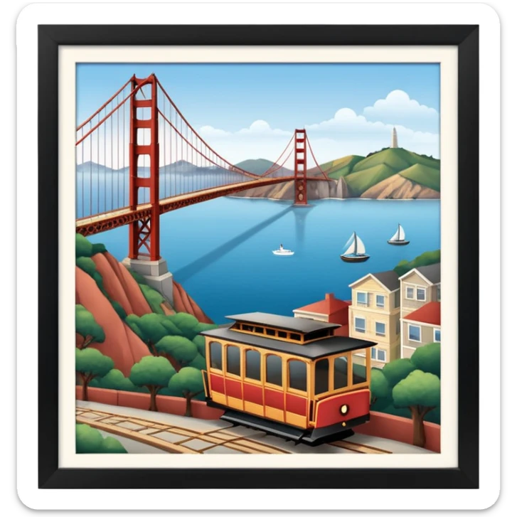 Make a full city of San Francisco with the Golden Gate Bridge in the background and a train car going up the hill sticker