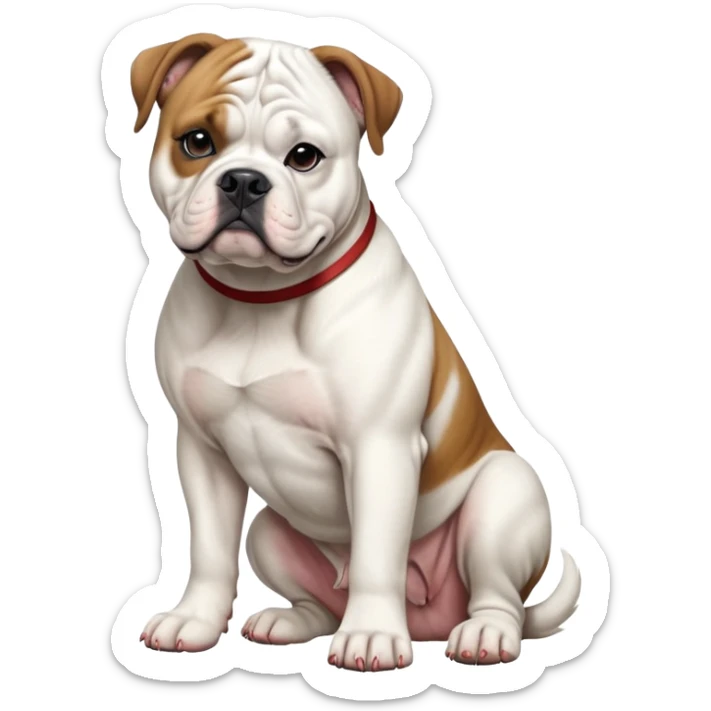 cinematic-[american bulldog]-realistic-full-body-sitting-emoji,-tail-resting-loosely-beside-its-paws,-head-tilted-dramatically,-fluffy-[colour]-fur,-simplified-yet-realistic-focused-features,-highly-detailed,-glowing-with-an-almost-sarcastic-glow sticker