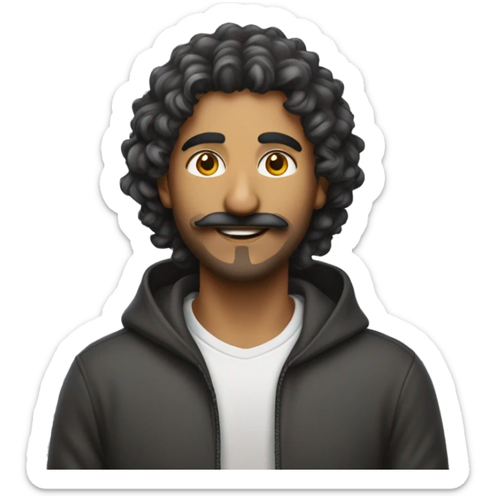 Indian morden male in hoodie, with moustache and beard, smiling  long curly hairs sticker