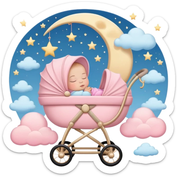 sleeping baby in pink and beige stroller with crescent moon and stars above with pastel blue clouds sticker