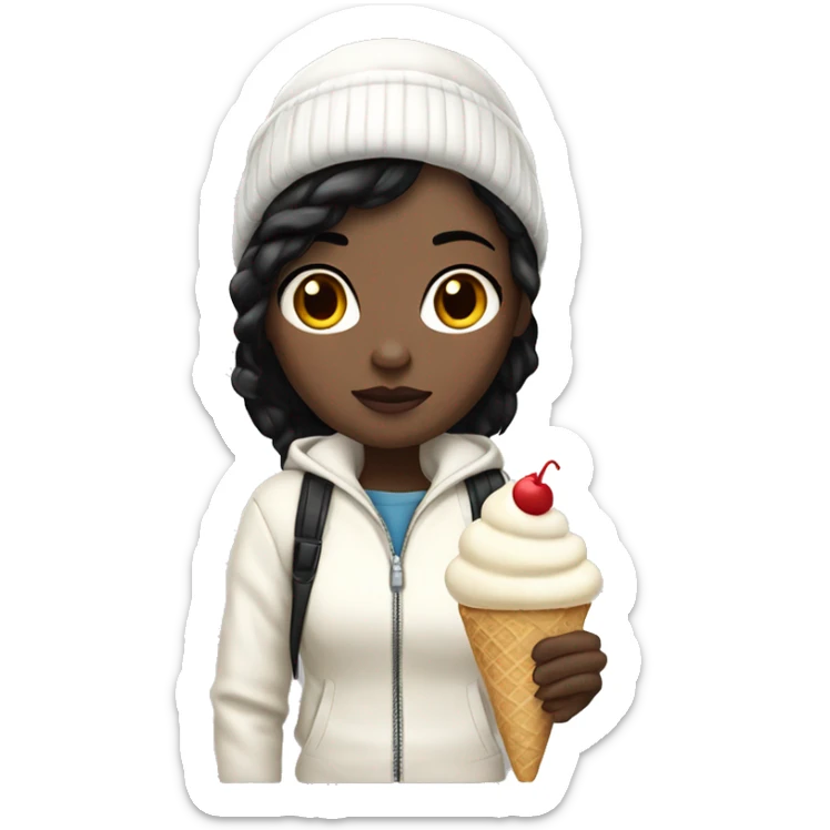 A girl with pale skin and black hair holding a vannila ice cream with a white jacket and a white beanie sticker