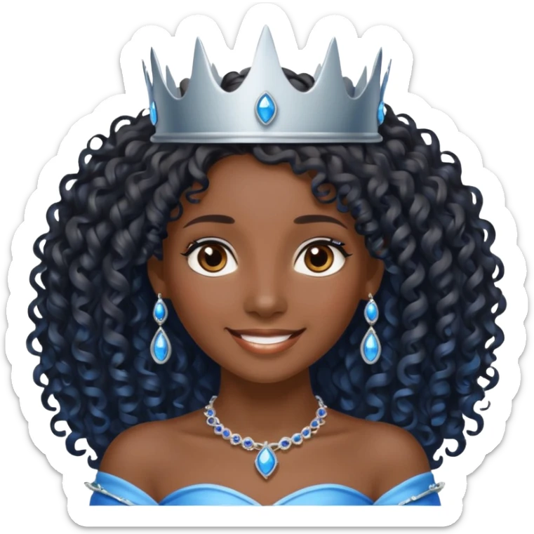 Por favor hazme el emoji de la princesa pero morena con el pelo negro y rizado y largo, los ojos marrones y la corona plateada con jollas azules sticker