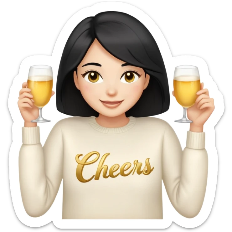 A woman with longer black hair, light to medium skin tone, full cheeks, and almond-shaped eyes, wearing a simple white sweater with the word 'cheers' in gold script, joyful and radiant expression, cheerful, emoji style, just her torso. sticker