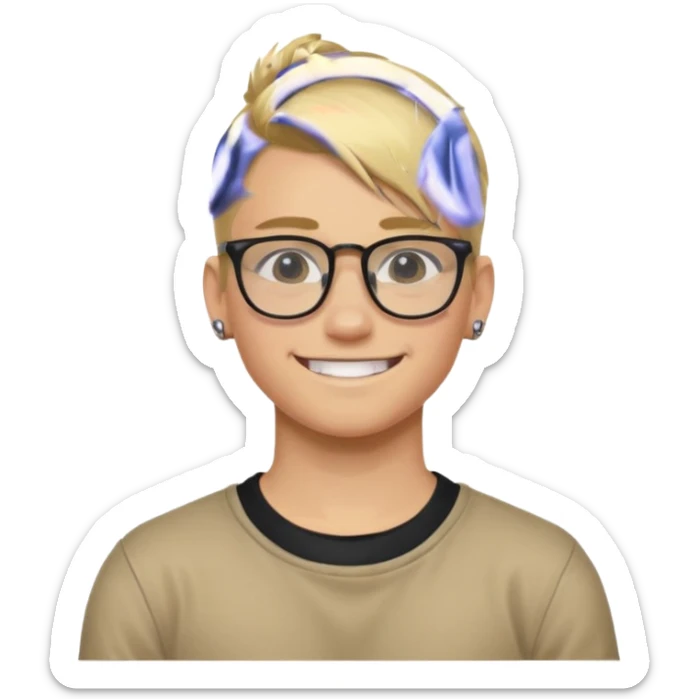 blond hair teen boy pony tail undercut with tattoo on his neck, wearing glasses, strong built, smile warmly  sticker