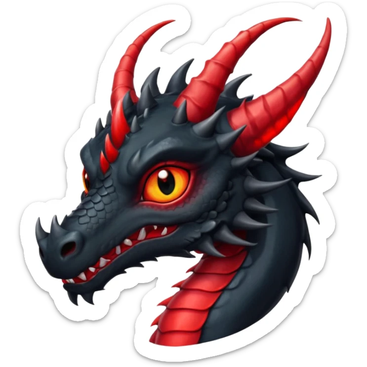 Un dragon noir aux yeux rouges brillant, puis des grandes cornes noires, style anime sticker