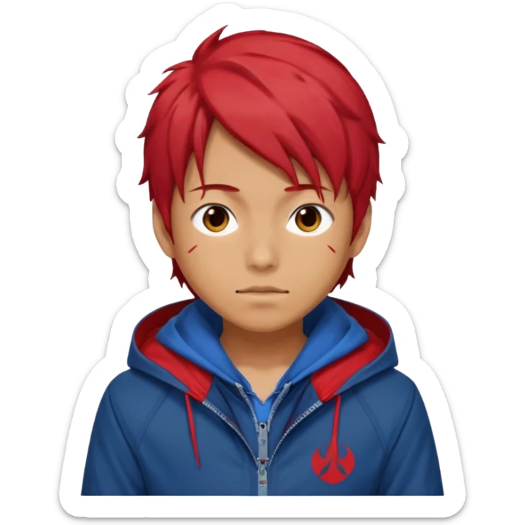 yuiji itadori jjk avec cheveux rouge veste bleu et capuche rouge sticker