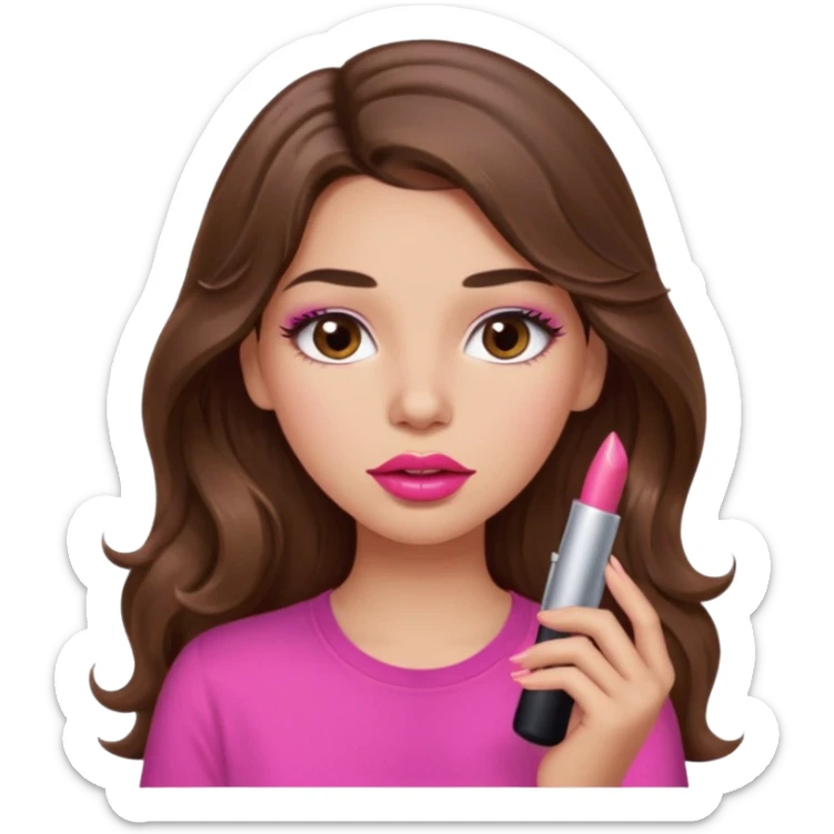 girl with long wavy brown hair, brown eyes, light to medium complexion, in a pink shirt, pink lips, long lashes, puckered lips, putting on lipstick sticker