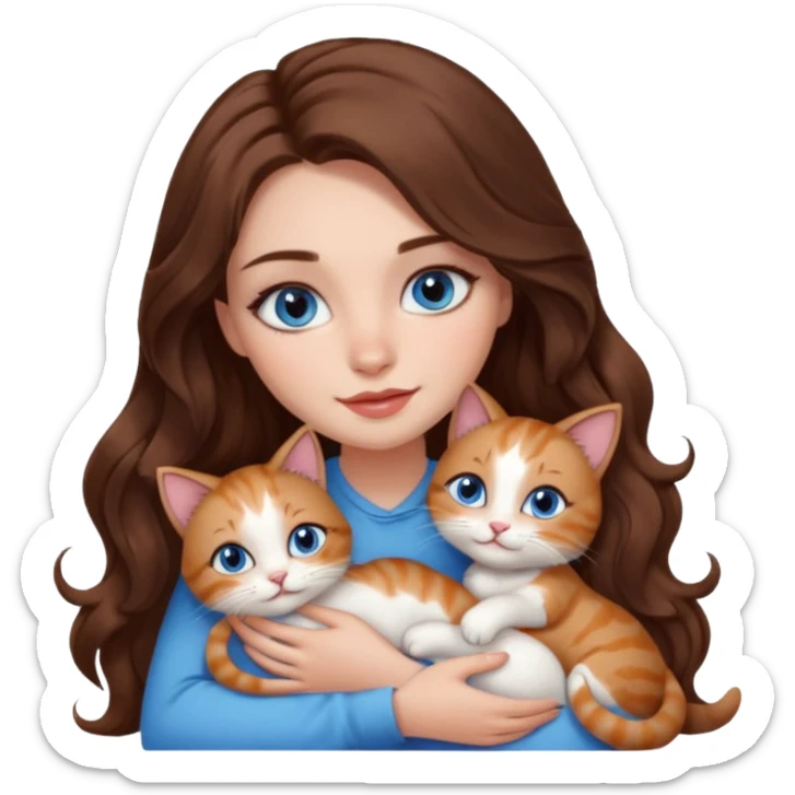 girl with long wavy brown hair, blue eyes, long lashes makeup, cuddling with 6 cute cats sticker