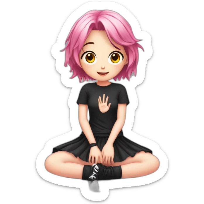 Full body Front view curvy emo girl pink hair sits on the floor straight view hands up black skirt полосатые рваные чулки sticker
