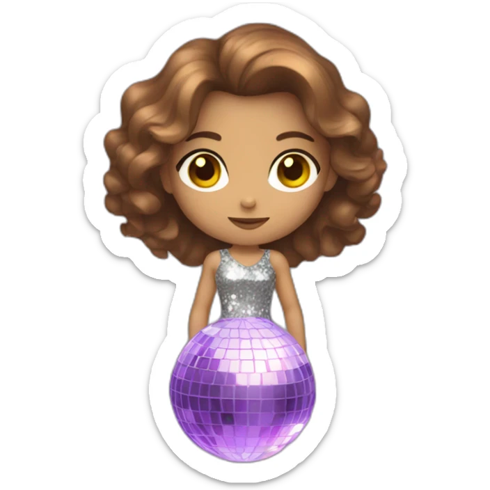 female with brown wavy hair dressed in a party dress and disco ball sticker
