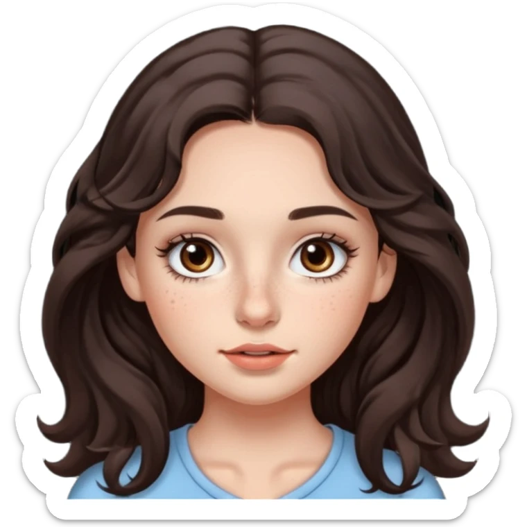 A girl with long wavy dark brown hair, dark brown eyes with eyelashes, prominent freckles on the nose, wider nose the usual,natural lined lips,and little blush sticker