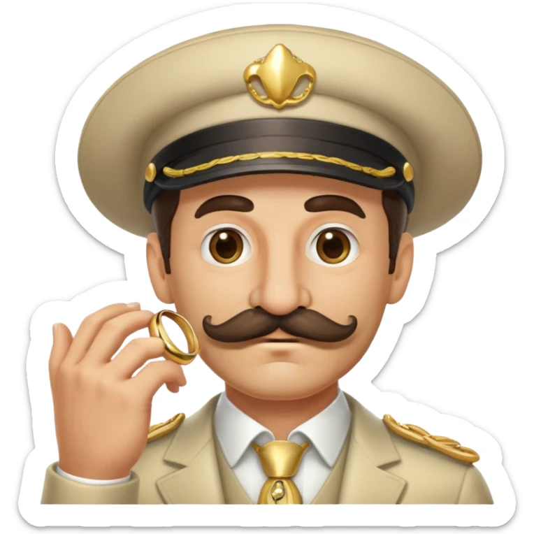italian man Luigi Mangione with mustache wearing a large gold wedding band sticker