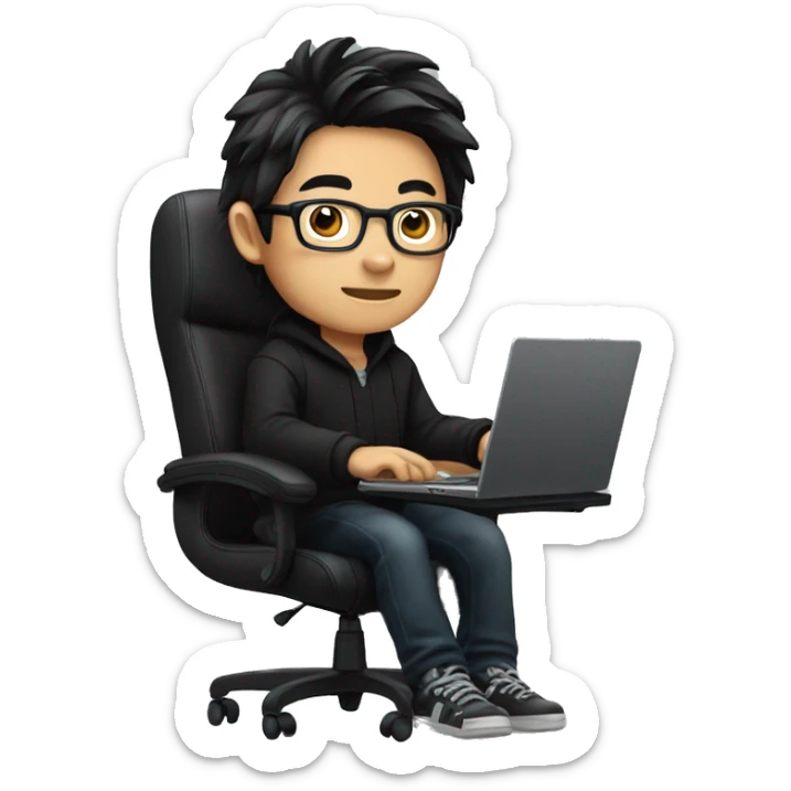asian boy with glasses, long hair working, wearing black clothes , on his laptop seating on a gaming chair sticker