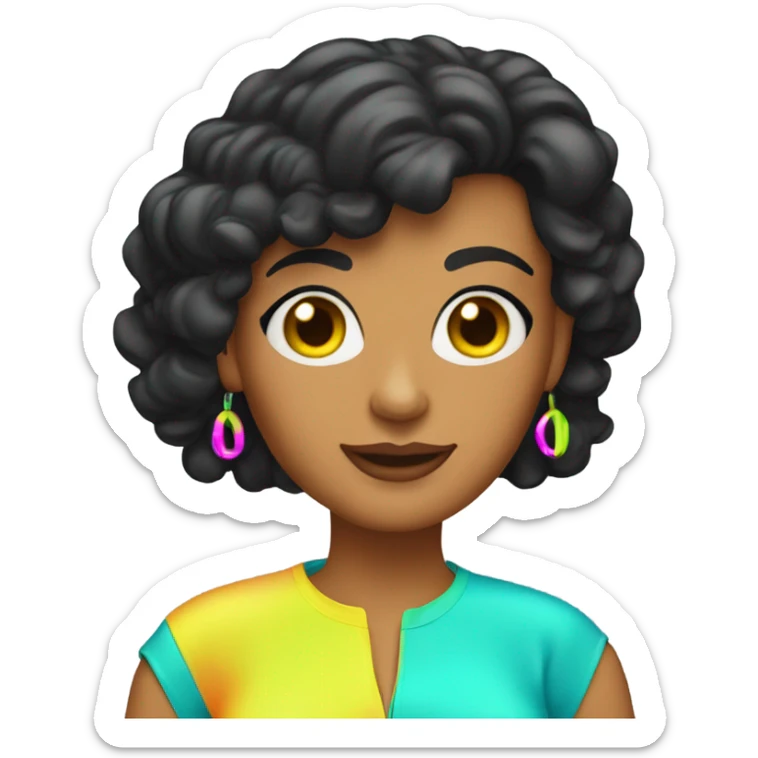 Tanned woman with black hair wearing 1980s style neon outfit and hair sticker